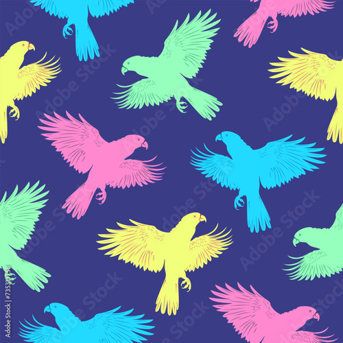 Seamless neon pattern with bright parrots in flight. Vector background in retro style