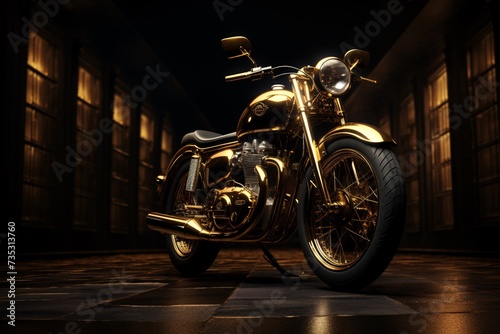 a gold motorcycle in a dark room © Eduard