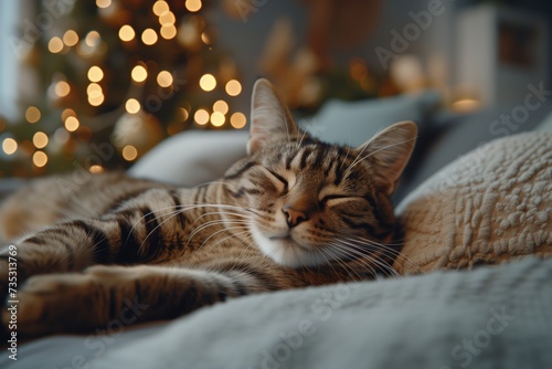 Content tabby cat relaxes on a knit blanket, Christmas tree bokeh illuminates a tranquil holiday setting. Tabby cat’s serene rest holiday glow, snuggled on textured throw, embodying festive relaxatio photo