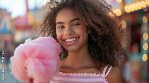 A beautiful girl, stands smiling and looking at the camera, holding a large p...
