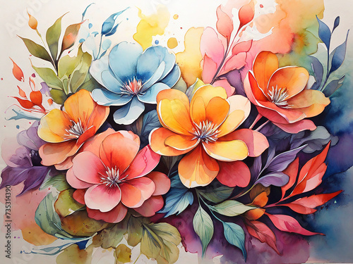 Vibrant Watercolor Painting of Abstract Flowers and Leaves 