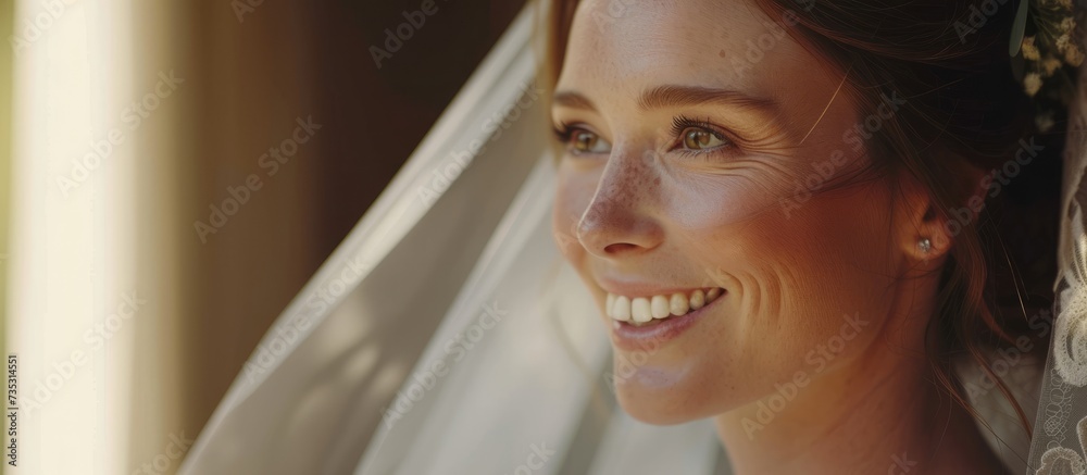 Beautiful bride smiling radiantly as she gazes at the camera with joy and happiness on her wedding day