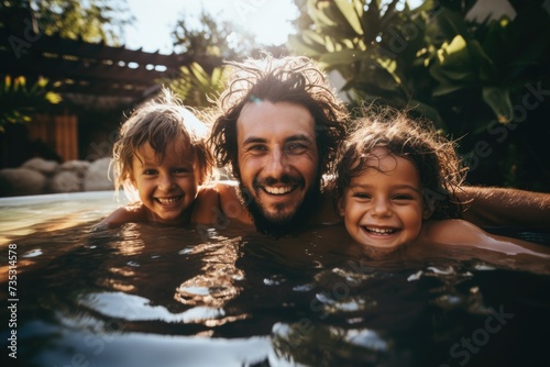 Portrait of a young family swimming in the pool