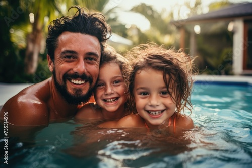 Portrait of a young family swimming in the pool