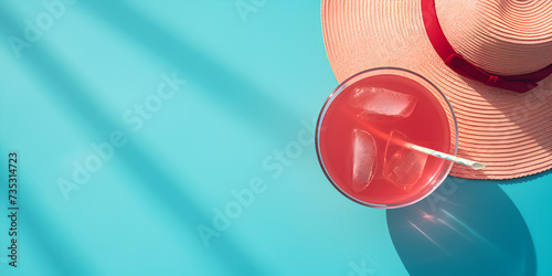 Top view of a red cocktail glass and a summer hat at the pool,  blue water background with copy space 