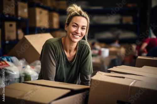 Portrait of a female packing donation boxes in community center photo