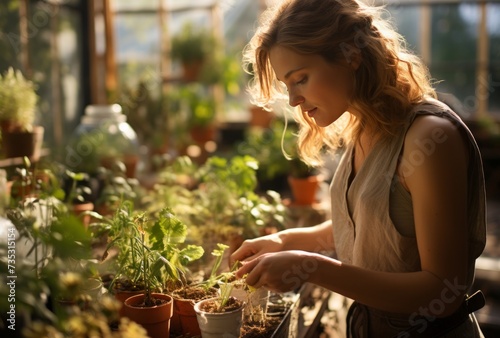 woman working in greenhouse with seedlings, joyful and optimistic
