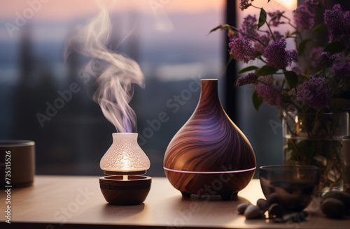 an essential oil diffuser sitting on a table full of aromatherapy candle