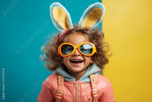 toddler on yellow background with bunny ears on faces kidstock