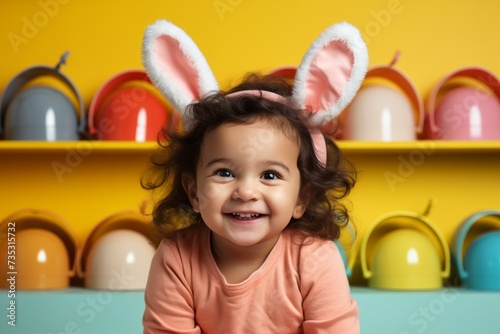 toddler on yellow background with bunny ears on faces kidstock