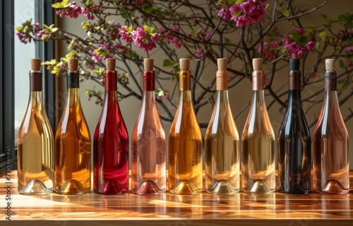 a row of wines on a wooden table