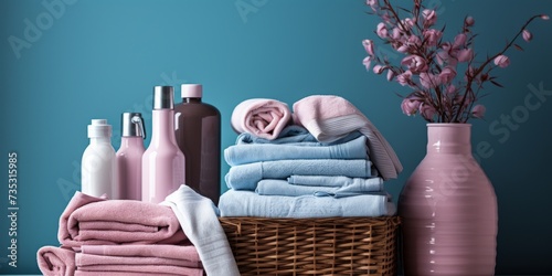 basket of towels, laundry soap and cleaning products with blue background