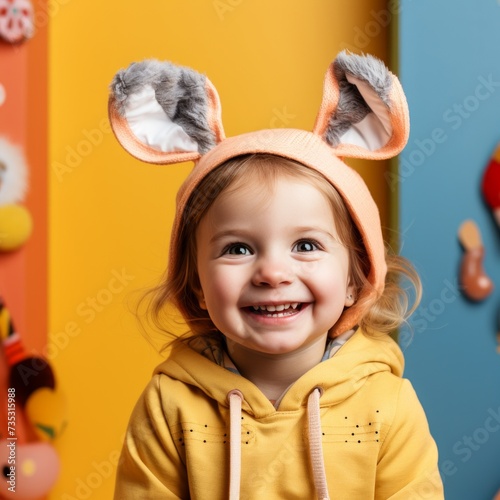 toddler on yellow background with bunny ears on faces kidstock