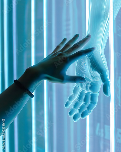 Contact between a cyber hand hand a human hand - Technologies and artificial intelligence concept photo