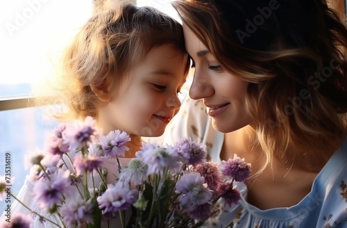 mother kissing child with flowers on face love