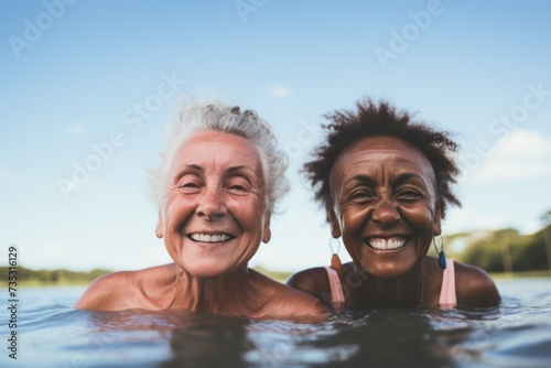 Portrait of a smiling senior women swimming in a lake © CojanAI