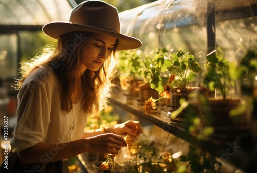 a woman in a hat and a hat is picking something out of a glass greenhouse