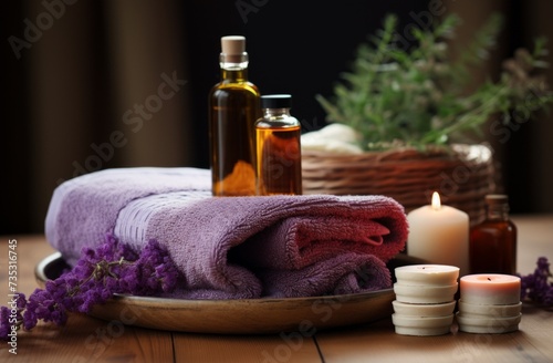 a bottle of essential oil, towels and natural skin care products are shown on...