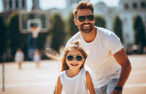 a white man and his daughter in white sunglasses are playing basketball on a ...