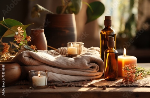 a bottle of essential oil, towels and natural skin care products are shown on...