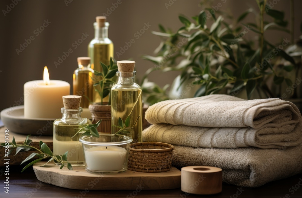 a bottle of essential oil, towels and natural skin care products are shown on a wooden table