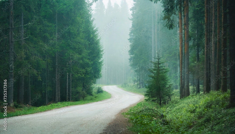 Fototapeta premium Misty road in fir forest. Natural scenery. Green nature