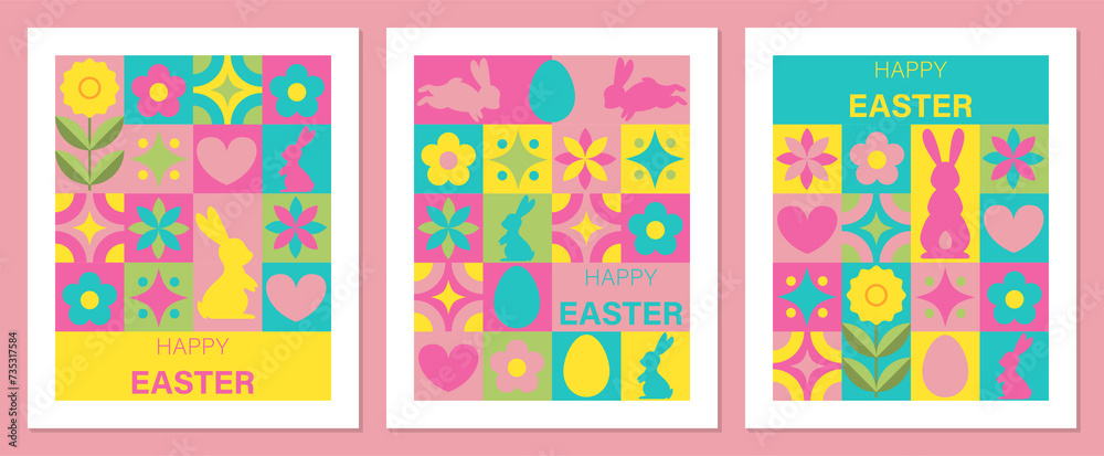 Set of Modern Happy Easter Banners. Modern trendy minimalist style. Abstract design. Brutalism and y2k style. Vector illustration Set of Modern Happy Easter Banners. Modern trendy minimalist style. Abstract design. Brutalism and y2k style. Vector illustration