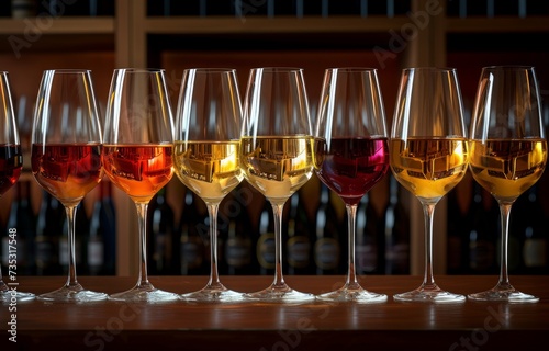 a row of wine glasses containing different kinds of wine