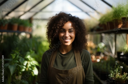 a black woman smiling in a greenhouse