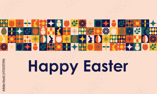 Happy Easter modern colorful mosaic banner with geometric shapes. Vector illustration
