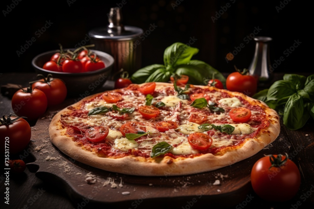 a pizza with tomato slices, mozzarella cheese and garnish