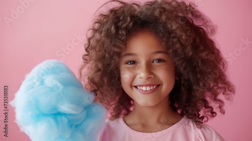 A beautiful curly-haired girl, 10 years old, stands smiling and looking at th...