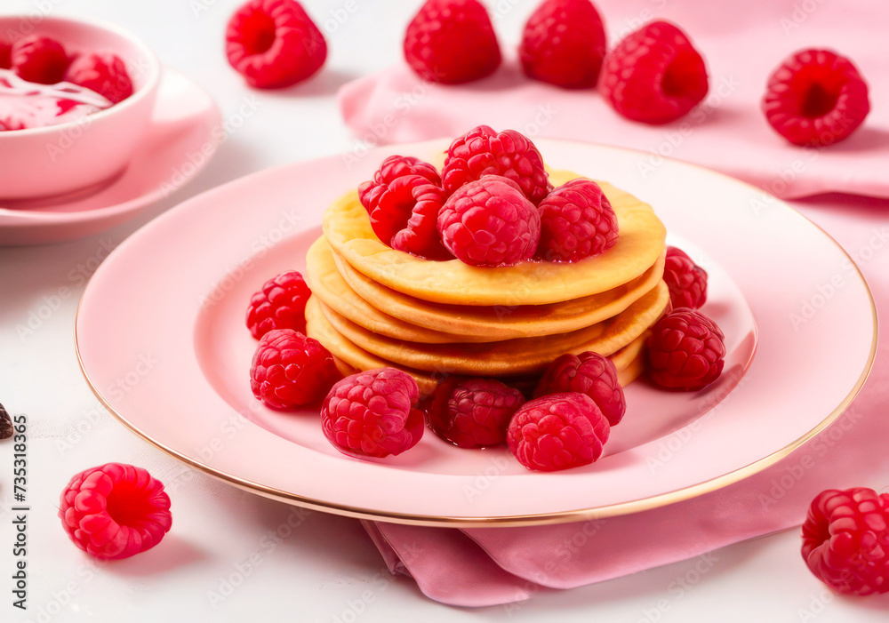 Pancakes with Raspberries, Berries, and Honey on a Pink Plate Pancakes with Raspberries, Berries, and Honey on a Pink Plate