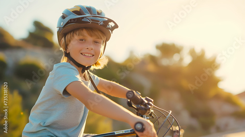 Happy teenager on bike. Summer rest. Copy space. Banner