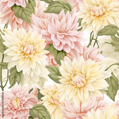 dahlias in full bloom, drawing in shades of cream and pink and soft yellow. floral background, colorful illustration.