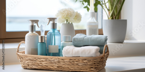 basket of cleaning products in bathroom