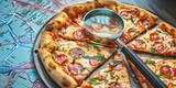 Magnifying glass with pizza on map for online search concept and food delivery