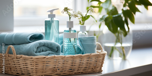 basket of cleaning products in bathroom