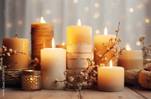 candles on a white table mood stock