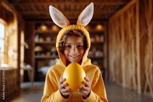 a young boy is holding an easter egg while wearing bunny ears