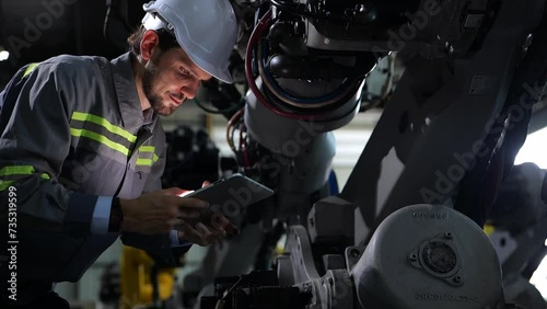 Caucasian male engineer, technician wearing safety uniform working using tablet Online information to monitor machine operation, check maintenance plan to make a machine work efficiently and safety.