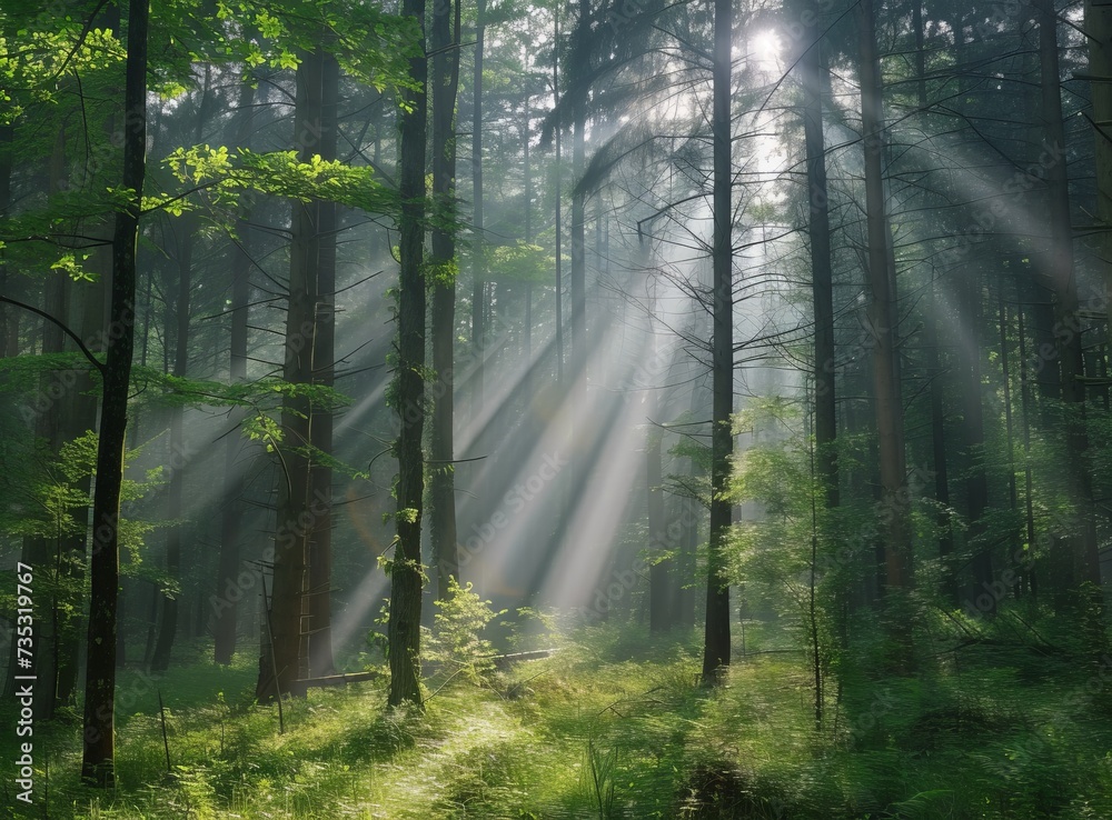 The sun's rays pierce the dense, mesmerizing forest, illuminating a serene path, a calm and mystical atmosphere.