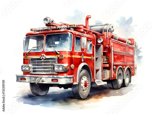 Watercolor illustration of a red fire truck 