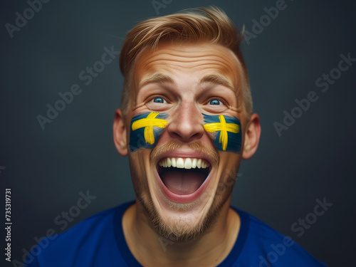 Euphoric National SWEDEN Team Fan with painted country flag colors face excited Roaring Supporting songs their favorite team straight at camera. Active sport fans movement and human emotion