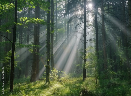 The sun's rays pierce the dense, mesmerizing forest, illuminating a serene path, a calm and mystical atmosphere. © Artsaba Family