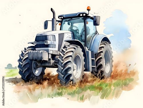 Watercolor illustration of a grey tractor vehicle 