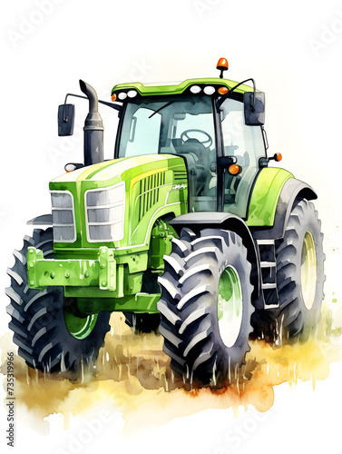 Watercolor illustration of a green tractor vehicle 