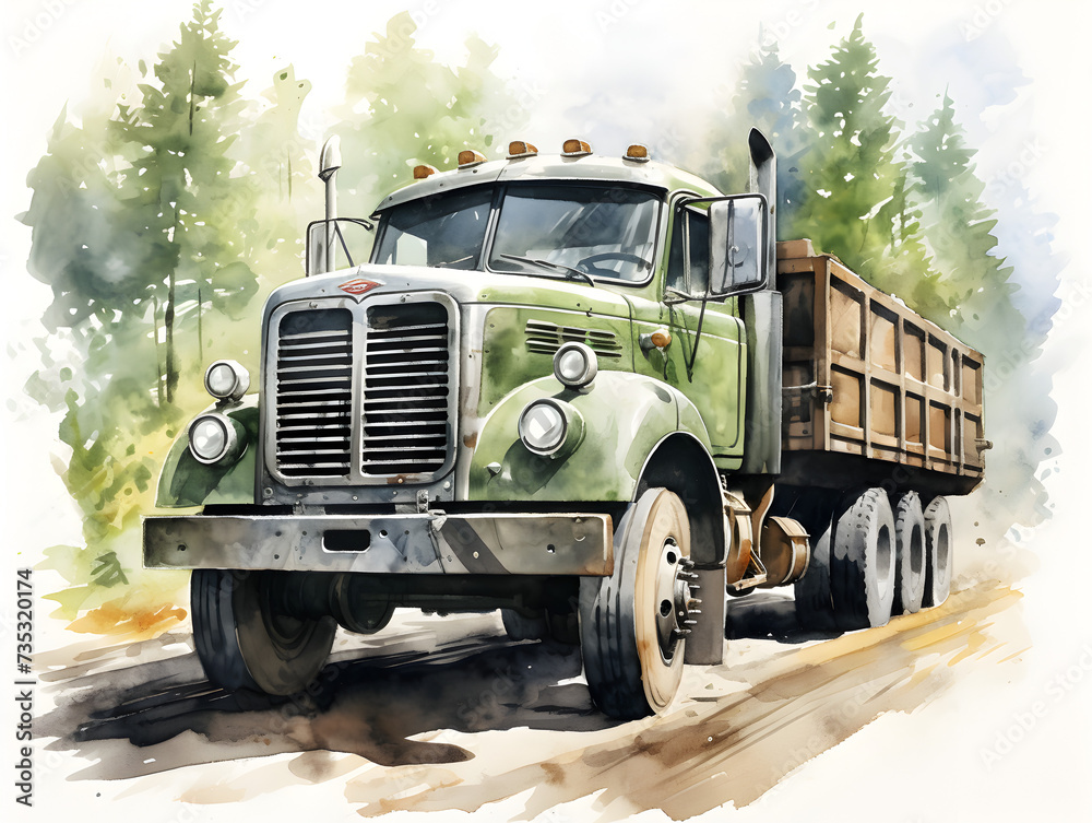 Watercolor illustration of a green truck on the road in the forest
