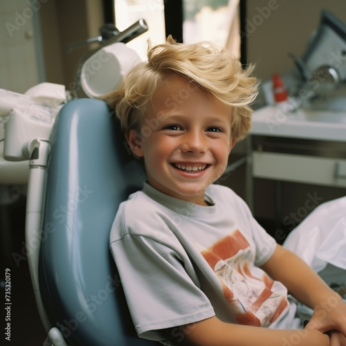 Smiling young blond boy in dentist s chair