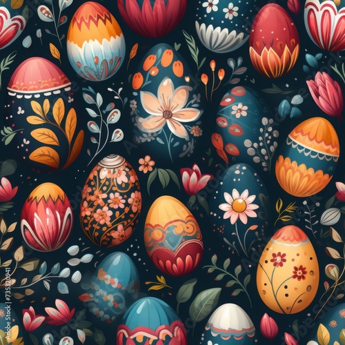 Water color easter symbols, ukrainian national ornaments seamless pattern with bright colours dynamic photo